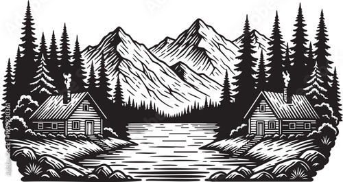 Rustic vector illustration presents a picturesque monochrome landscape design featuring two charming, detailed cabins situated on opposite shores of a tranquil lake, each emitting a wisp of smoke