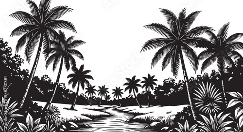 Black and white vector illustration depicts a lush tropical landscape featuring numerous tall palm trees and dense foliage flanking a gentle winding stream creating a tranquil and serene natural