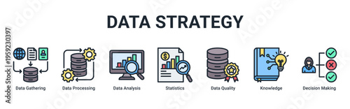 Data Strategy web banner icon vector illustration featuring Data Gathering,Data Processing,Data Analysis,Statistics,Data Quality,Knowledge,and Decision Making