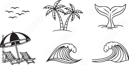 Hand-drawn vector graphic illustration presenting a delightful assortment of essential summer and beach elements, including two gracefully swaying palm trees rooted in sand, dynamic crashing ocean