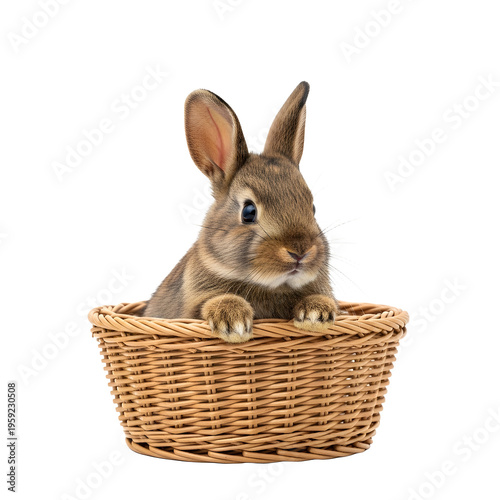 Bunny in a Wicker Basket isolated on transparent background