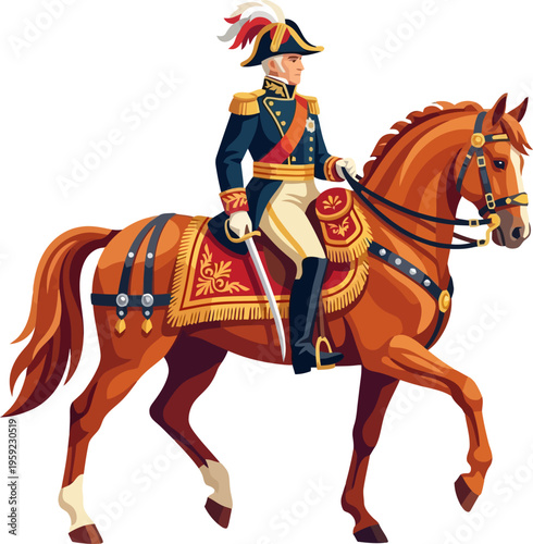 Historical military general riding ornate horse