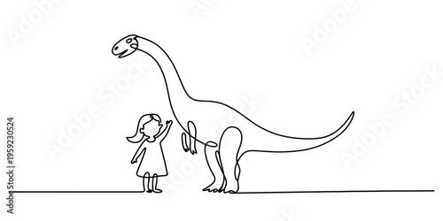 Minimalist one line art of a small child reaching up to touch a giant prehistoric dinosaur