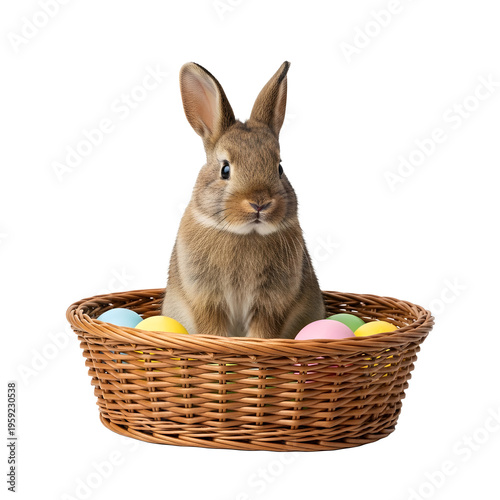 Easter bunny in wicker basket isolated on transparent background