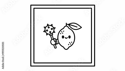 Cute Kawaii Lemon Character Holding a Spiked Mace, Funny Cartoon Fruit Warrior
