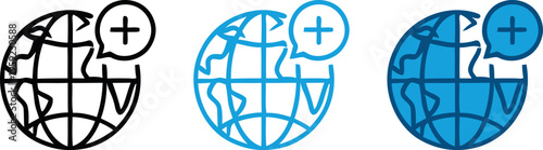 Icon design variations of globe with plus sign for international symbol or logo