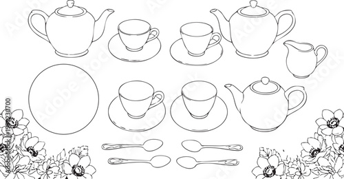 Intricate black and white line art vector illustration presents a comprehensive traditional tea set, meticulously arranged with two elegant teapots, four matching teacups paired with saucers