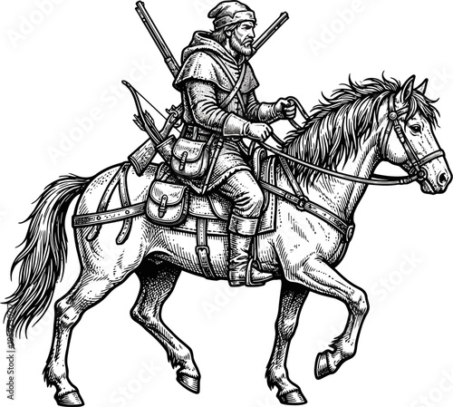 Medieval huntsman with a bow riding a horse