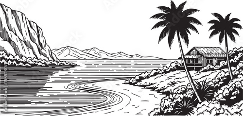 Vintage style vector illustration captures a secluded tropical seaside landscape with a rustic wooden cabin situated on a bushy hillside flanked by two prominent palm trees