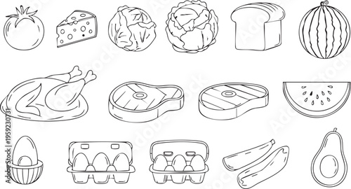 Collection of simple black and white vector graphic illustrations depicting various wholesome grocery items including fresh produce meats dairy products like cheese and eggs bread