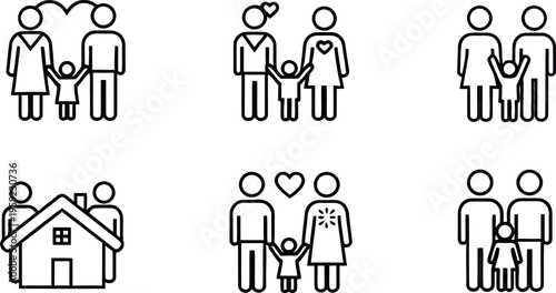 Family icons set including love heart home and different relationships