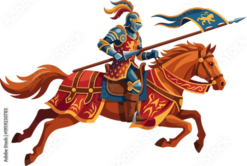 Medieval knight in armor charging with a lance