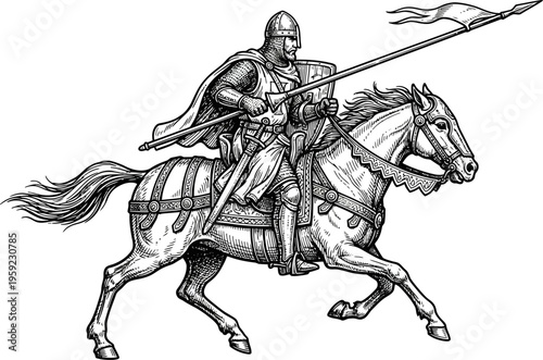 Medieval knight charging with lance and shield