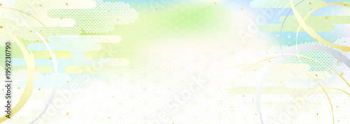 新緑風グラデーションと伝統的な模様を組み合わせた和風背景イラスト