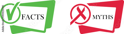 Fact myth icon set collection group with truth and false symbols check mark cross speech bubble information concept flat vector for web app infographic design isolated background.