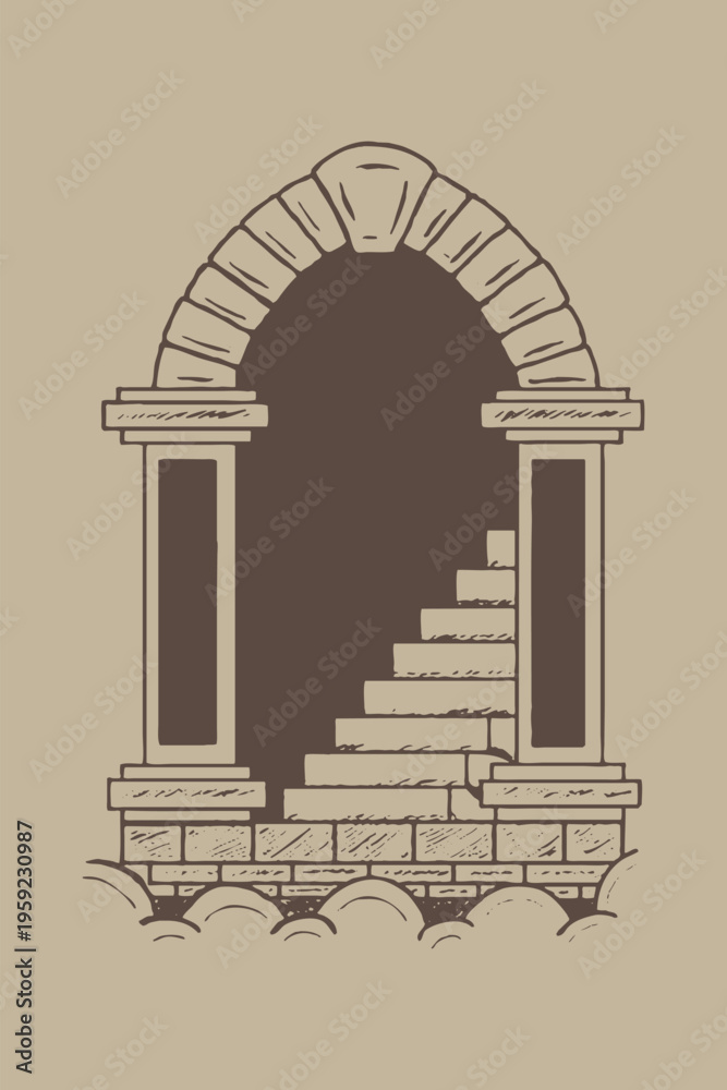 Fototapeta premium Arched Doorway with Stairs Minimal Illustration