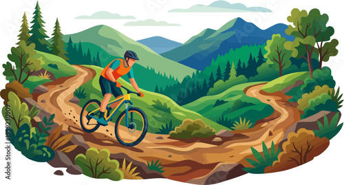 Mountain biker riding on winding trail through green valley