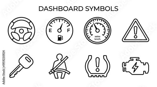 "Minimal line icons of automotive dashboard elements including wheel, gauge, speedometer, triangle, key, belt, tire, engine."