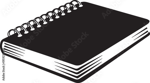 Black spiral bound notebook with blank pages, writing pad for notes, sketches, and journaling on white background