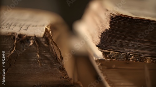 Ancient Holy Scriptures reveal timeworn pages and delicate textures bathed in soft light evoking history