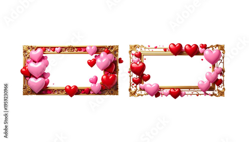 A luxurious pink and red Valentine's Day picture frame adorned with hearts and roses on a white background.