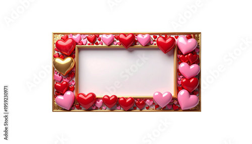 A luxurious pink and red Valentine's Day picture frame adorned with hearts and roses on a white background.