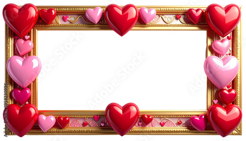 A luxurious pink and red Valentine's Day picture frame adorned with hearts and roses on a white background.