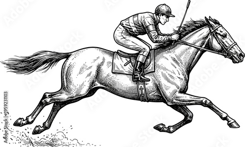 Professional jockey racing a horse at maximum speed