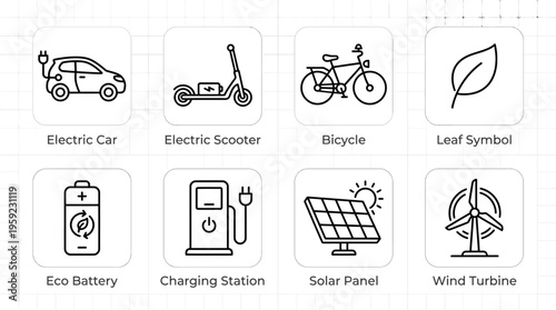 "Minimal line icons of eco energy including electric car, scooter, station, battery, bike, turbine, solar, leaf."