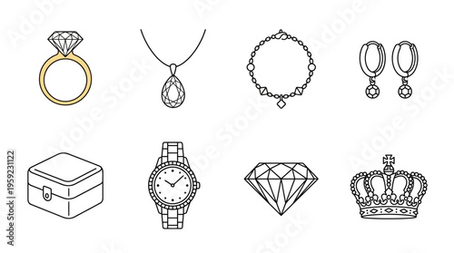 "Minimal line icons of jewelry and luxury items including ring, necklace, bracelet, earrings, watch, crown."