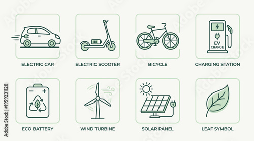 "Minimal line icons of eco energy including electric car, scooter, station, battery, bike, turbine, solar, leaf."