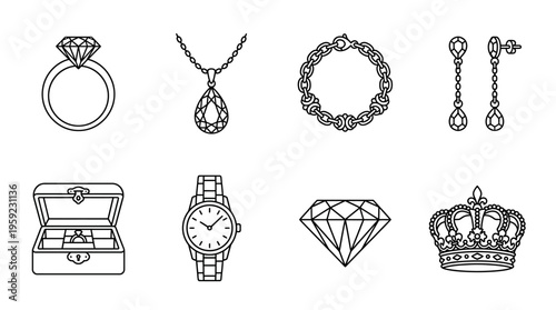 "Minimal line icons of jewelry and luxury items including ring, necklace, bracelet, earrings, watch, crown."