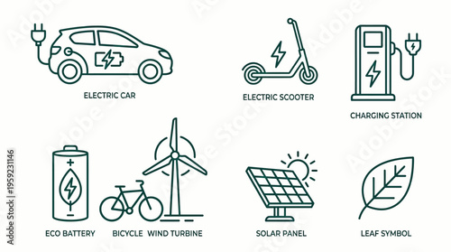 "Minimal line icons of eco energy including electric car, scooter, station, battery, bike, turbine, solar, leaf."