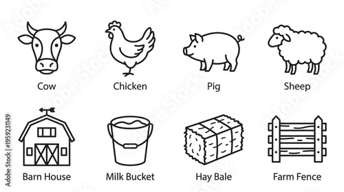 "Minimal line icons of farm elements including cow, chicken, pig, sheep, barn, bucket, hay, fence."