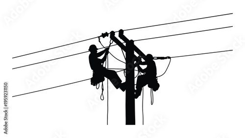 Linemen working on high voltage power lines on a pole