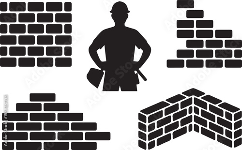 Brick wall icons, bricklayer silhouette, corner brickwork, and stacked bricks, construction and building symbols, black and white graphics
