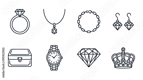 "Minimal line icons of jewelry and luxury items including ring, necklace, bracelet, earrings, watch, crown."