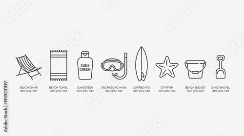 "Minimal line icons of beach essentials including chair, towel, sunscreen, snorkel, surfboard, starfish, bucket, shovel."