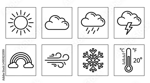 "Minimal line icons of weather conditions including sun, cloud, rain, storm, rainbow, wind, snow, thermometer."