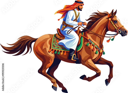 Traditional arab rider galloping on fast horse