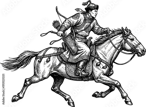 Steppe warrior riding a fast horse with a quiver