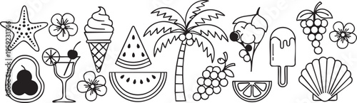 This charming vector graphic illustration presents a delightful border or banner design featuring a diverse array of outline summer and tropical elements including a starfish flowers ice cream