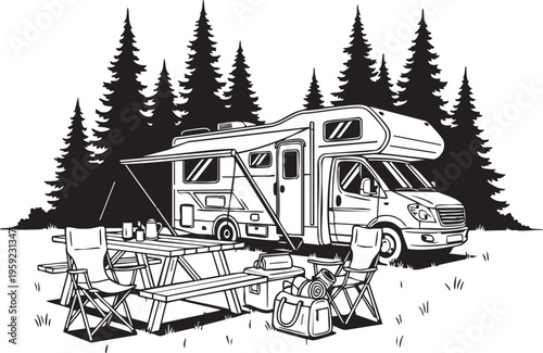 Black and white vector illustration captures a fully set up recreational vehicle campsite nestled against a dense backdrop of towering evergreen forest trees featuring an opened awning picnic
