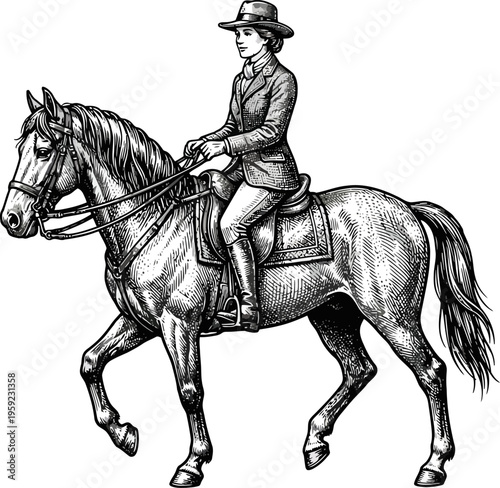 Victorian lady riding a horse in traditional formal habit