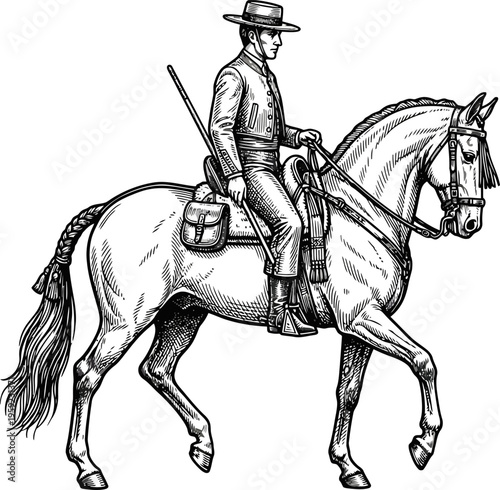 Traditional spanish vaquero riding a horse with a long pole