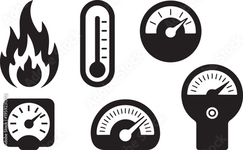 Collection of measurement icons showing fire flame thermometer and various pressure gauge dials for heat or level indication
