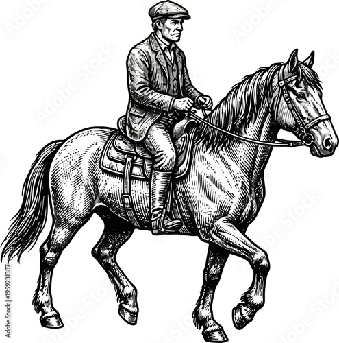 Vintage countryman riding a sturdy horse in rural attire