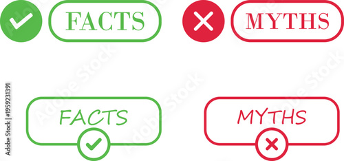 Fact myth icon set collection group with truth and false symbols check mark cross speech bubble information concept flat vector for web app infographic design isolated background.