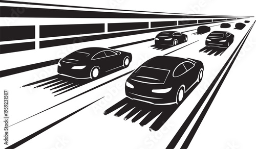 Four black sports cars speeding down modern highway lanes creating motion blur effect illustrating fast travel and movement concept