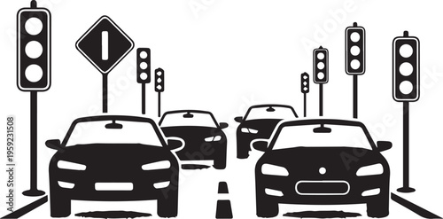 Front view of several cars stopped at traffic signals along road featuring multiple vertical light posts and warning signs